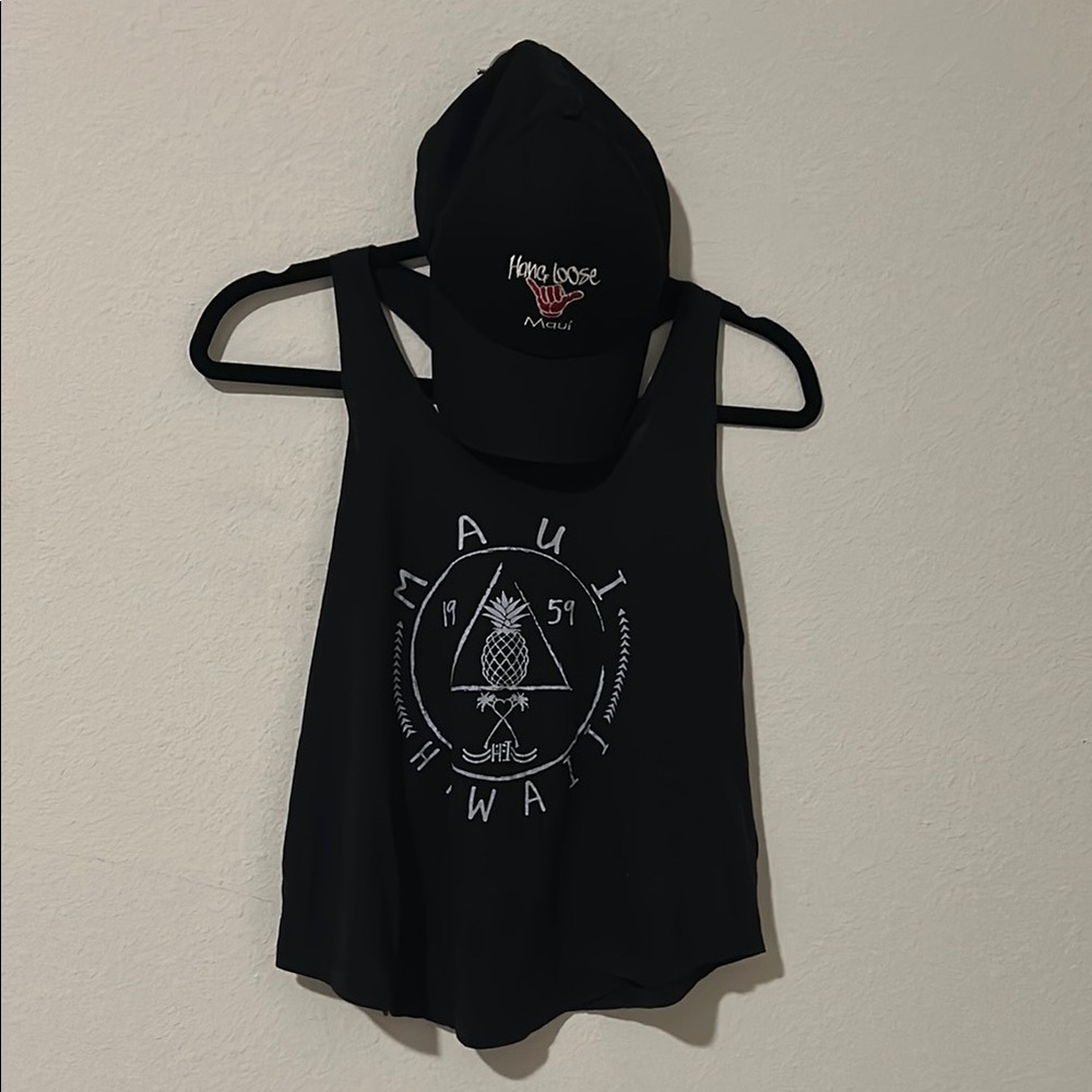 Black Maui Hawaii Tank Top and Hang Loose Hat Set